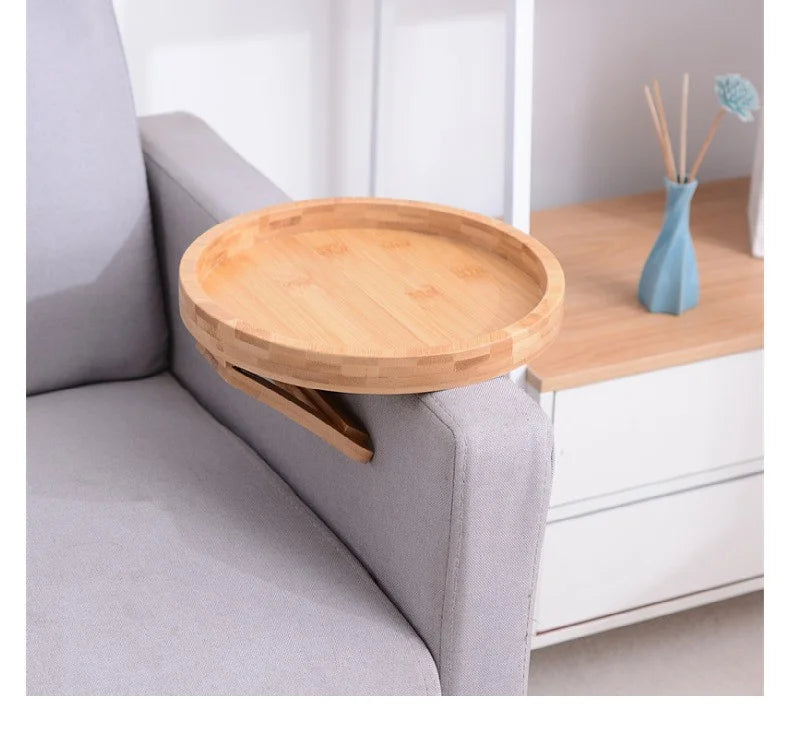 Clip-On Wooden Sofa Tray Table – Armrest Snack & Remote Control Holder for TV Time Convenience