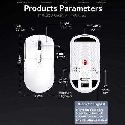 X6 Lightweight Wireless Gaming Mouse – 3 Mode Wired/2.4G/BT5.2, Up to 26K DPI, RGB Backlight, Rechargeable with Charging Base for Laptop & Desktop