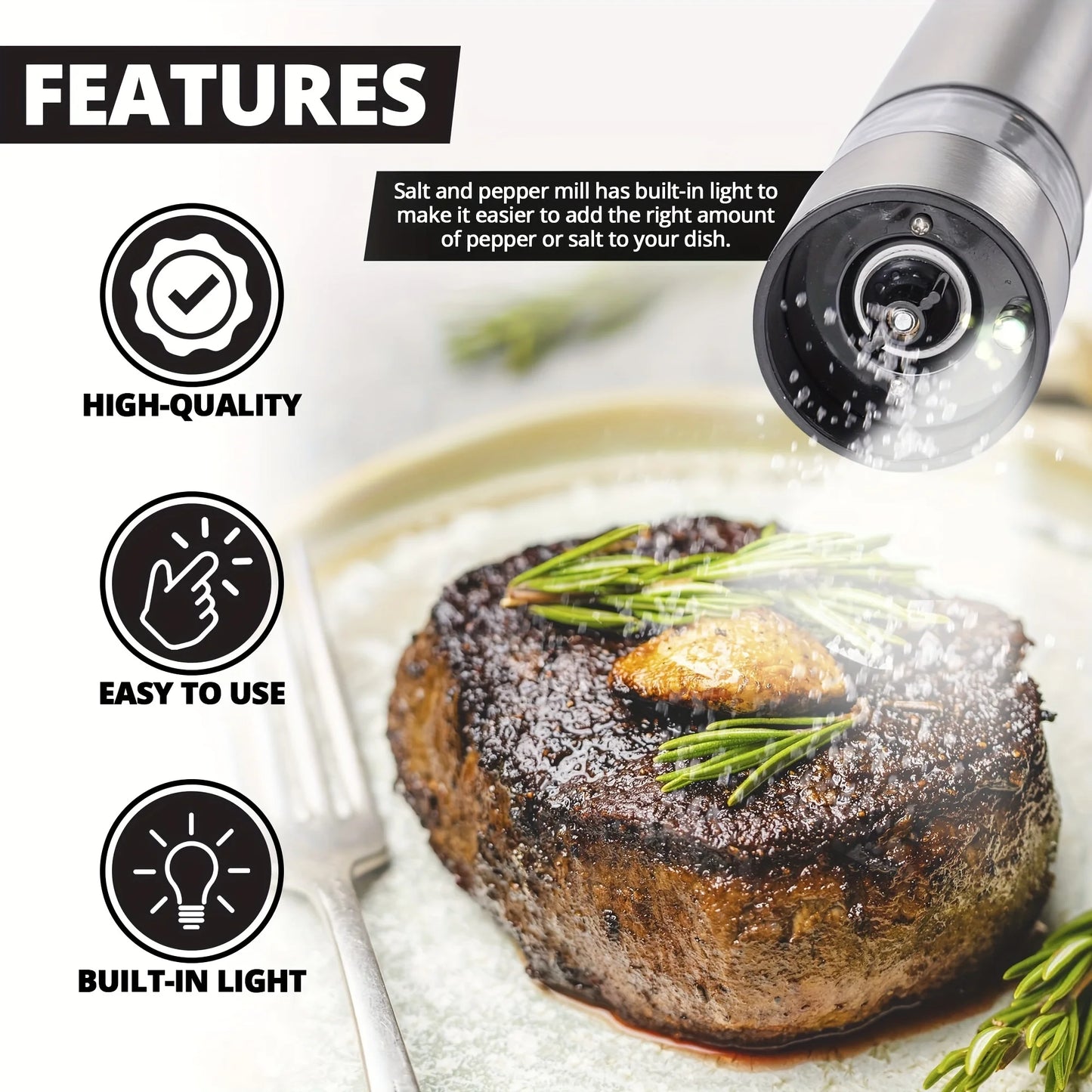 Electric Salt and Pepper Grinder Set - One-Handed Stainless Steel Spice Mill with Built-in Light