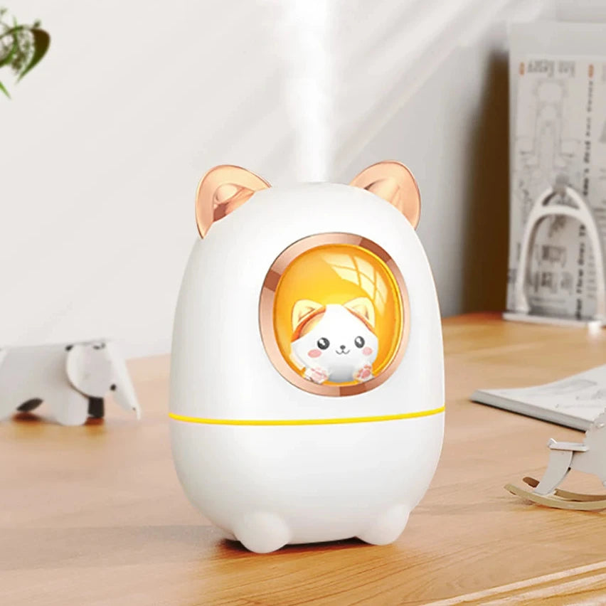 Cartoon Cat Air Humidifier – Silent USB Rechargeable Aroma Diffuser with Night Light for Home, Office & Car