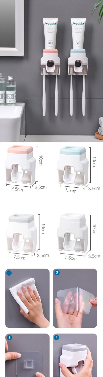 Automatic Toothpaste Dispenser Set Wall-Mounted Extruder Plastic No-Punch Lazy Man Toothbrush Holder Bathroom Accessories Gadget