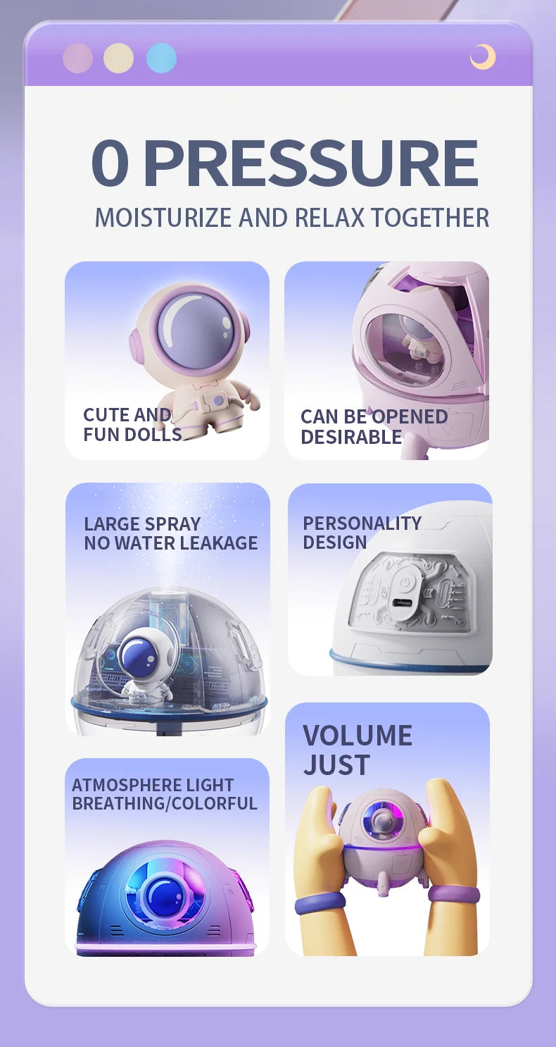 Portable Astronaut Humidifier with LED Light & Aroma Diffuser - USB-Powered for Clean, Hydrated Air | Cute Aesthetic Decor