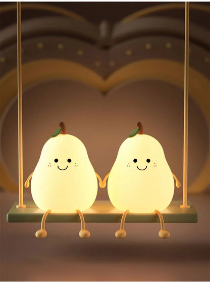 LED Pear Fruit Silicone Night Light - 7-Color Dimming Touch Control, USB Rechargeable Bedside Lamp for Bedroom Decor & Kids' Gifts