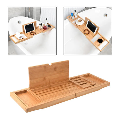 Adjustable Wooden Bathtub Caddy Tray – Over Tub Organizer for Relaxation with Wine Glass Holder and Book Stand