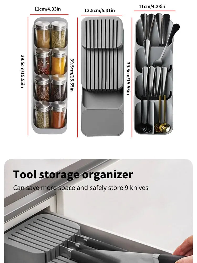 Multi-Functional Kitchen Drawer Cutlery Storage Tray – Knife, Fork, Spoon Organizer with Spice Bottle Holder