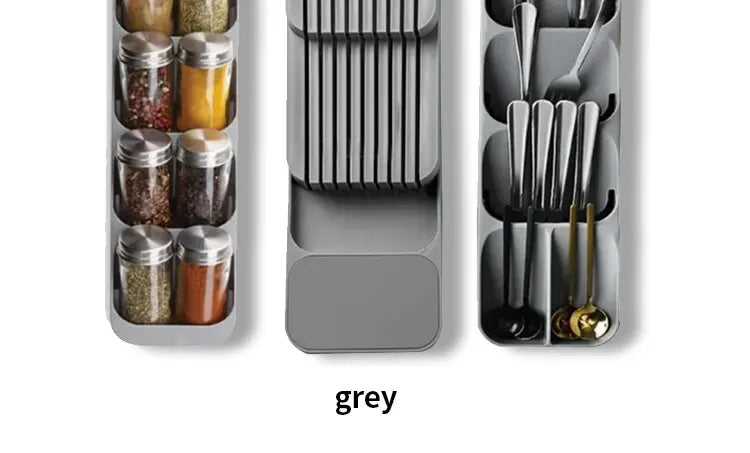 Multi-Functional Kitchen Drawer Cutlery Storage Tray – Knife, Fork, Spoon Organizer with Spice Bottle Holder