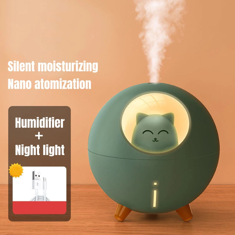 Cute Planet Cat Air Humidifier - Ultrasonic Aroma Diffuser with Color LED Light | USB Mini Humidifier for Home & Office