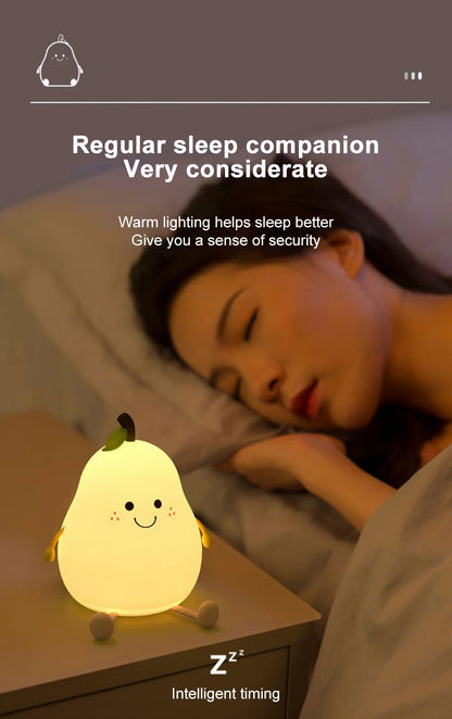 LED Pear Fruit Silicone Night Light - 7-Color Dimming Touch Control, USB Rechargeable Bedside Lamp for Bedroom Decor & Kids' Gifts