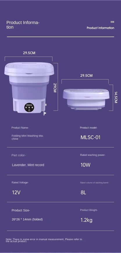 8L Mini Folding Washing Machine – Portable Laundry Washer with Automatic Modes & Drain Basket | Compact & Travel-Friendly
