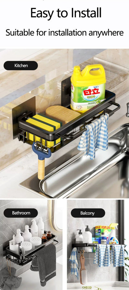 Wall-Mounted Kitchen Sink Drainer Rack | No-Drill Aluminum Sponge Storage & Soap Organizer