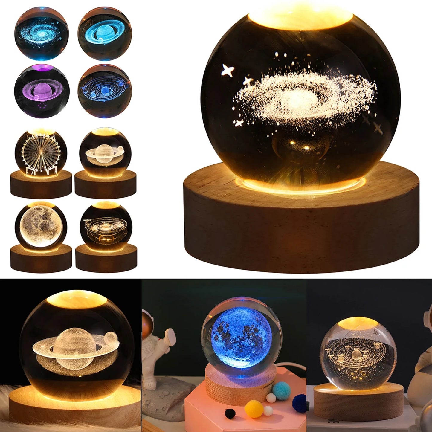 LED Crystal Ball Table Lamp - USB 3D Moon & Galaxy Night Light for Home Décor, Party, and Xmas Gifts