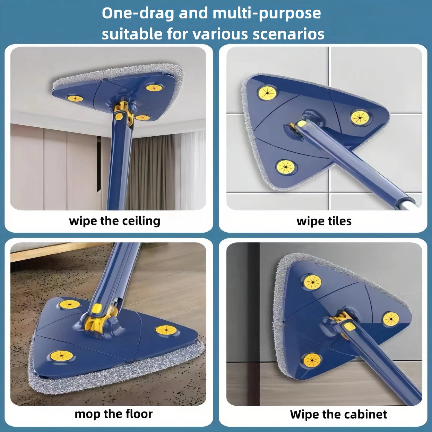 Triangle 360° Cleaning Mop – Telescopic Self-Draining Mop for Household Ceilings, Walls, and Tiles