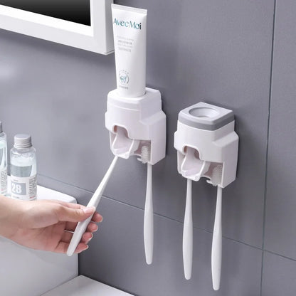 Automatic Toothpaste Dispenser Set Wall-Mounted Extruder Plastic No-Punch Lazy Man Toothbrush Holder Bathroom Accessories Gadget