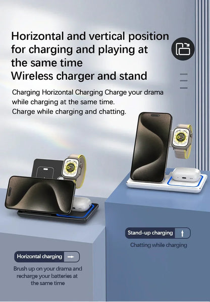 3-in-1 Magnetic Wireless Charging Stand for iPhone 15/14/13/12 Pro Max, Apple Watch 8/7, AirPods Pro - Fast Charging Station