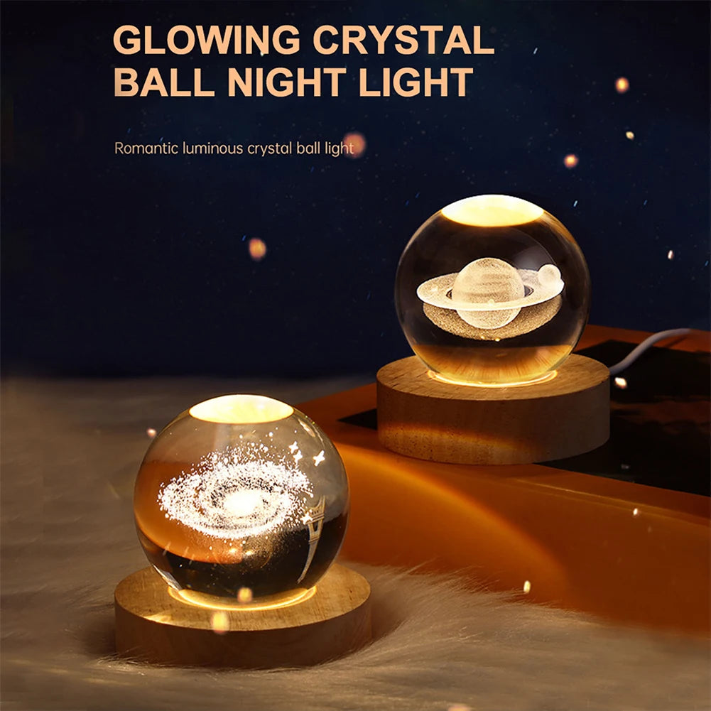 LED Crystal Ball Table Lamp - USB 3D Moon & Galaxy Night Light for Home Décor, Party, and Xmas Gifts