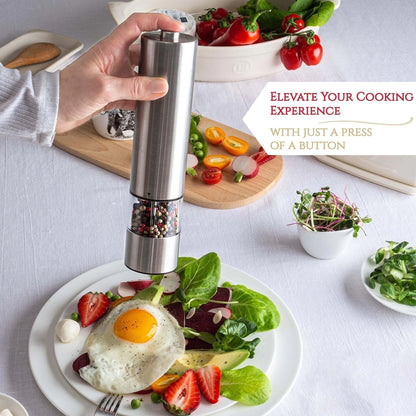 Electric Salt and Pepper Grinder Set - One-Handed Stainless Steel Spice Mill with Built-in Light