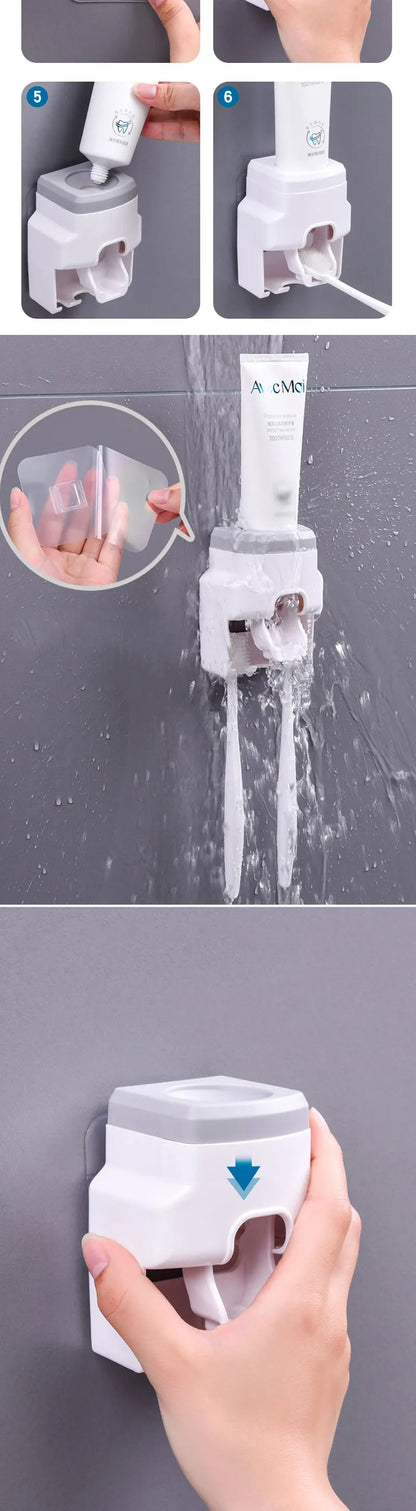 Automatic Toothpaste Dispenser Set Wall-Mounted Extruder Plastic No-Punch Lazy Man Toothbrush Holder Bathroom Accessories Gadget