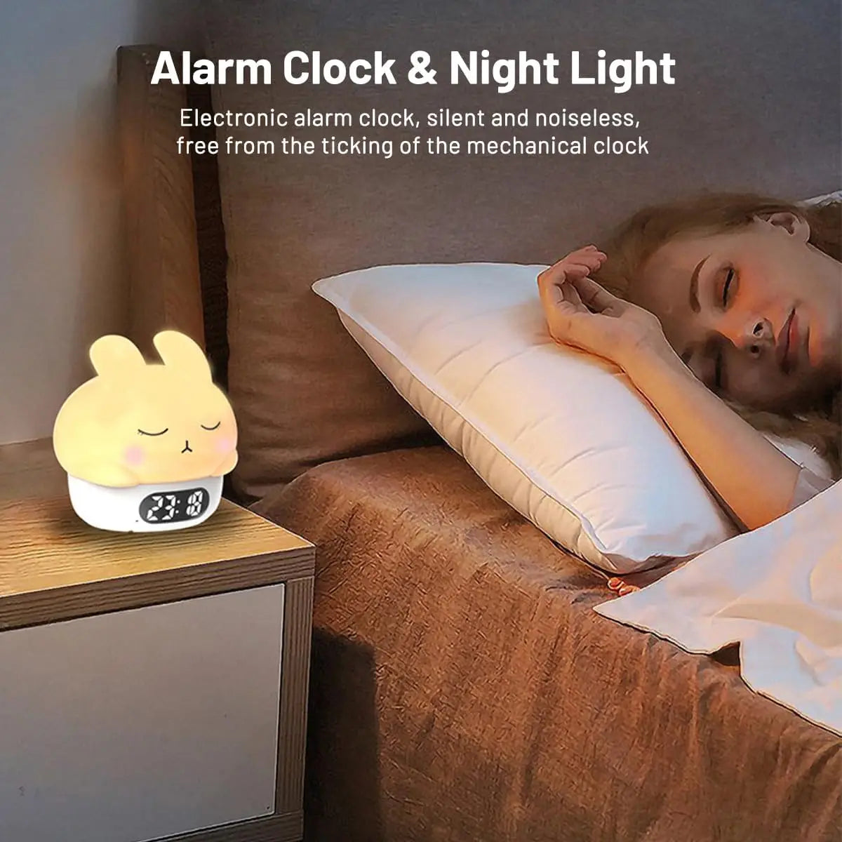 Cute Bunny Night Light Digital Alarm Clock | LED Desk Clock with Timer, RGB Ambient Lighting & Temperature Display for Kids’ Room Decor