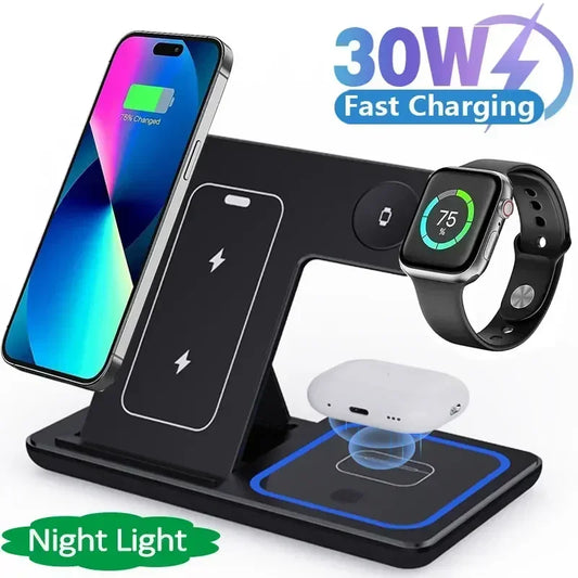 3-in-1 Magnetic Wireless Charging Stand for iPhone 15/14/13/12 Pro Max, Apple Watch 8/7, AirPods Pro - Fast Charging Station