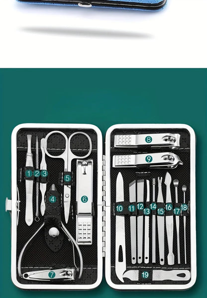 19-Piece Stainless Steel Personal Care Kit - Nail Clippers, Ear Tweezers, High-Carbon Steel Blade, Nail File, and More