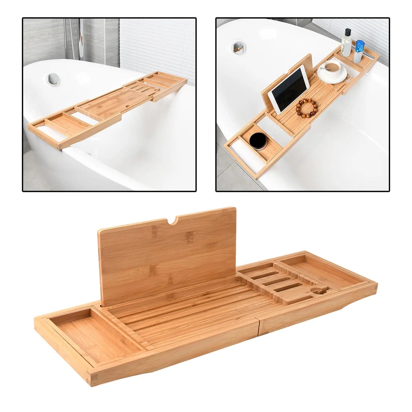 Adjustable Wooden Bathtub Caddy Tray – Over Tub Organizer for Relaxation with Wine Glass Holder and Book Stand