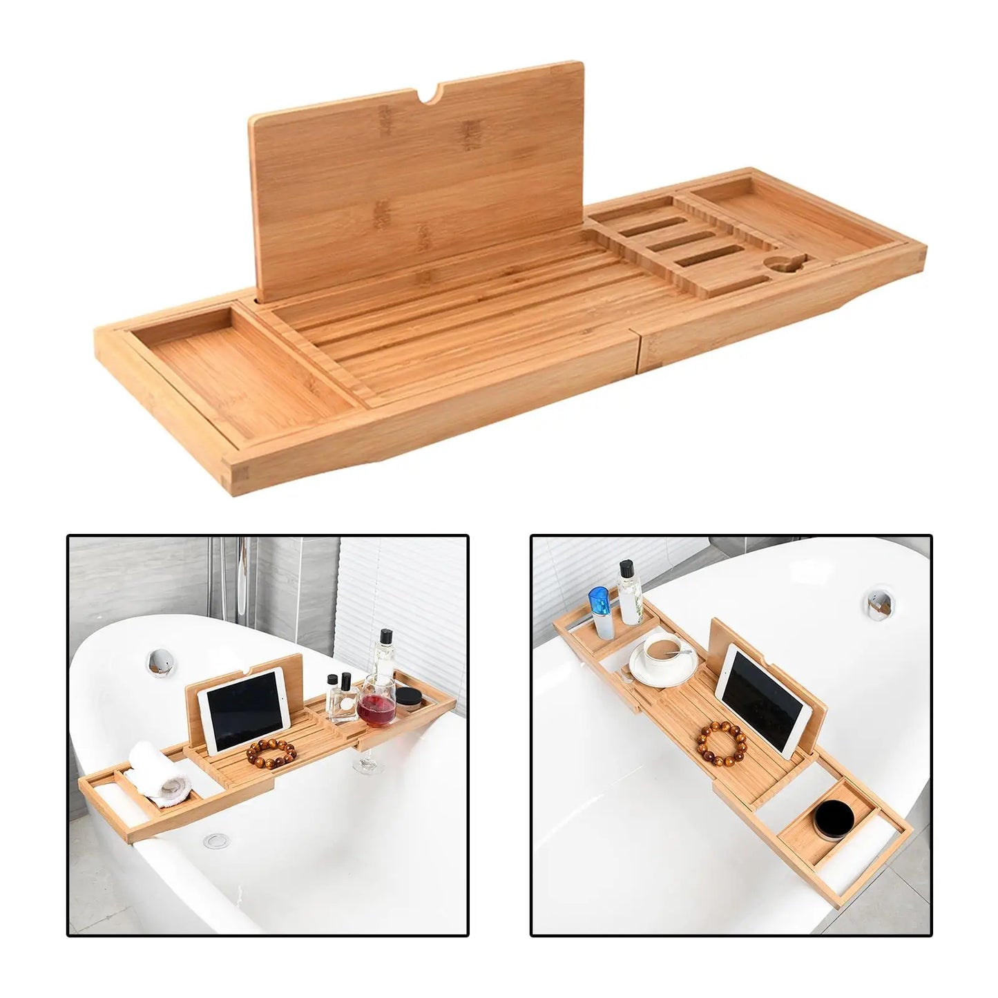 Adjustable Wooden Bathtub Caddy Tray – Over Tub Organizer for Relaxation with Wine Glass Holder and Book Stand