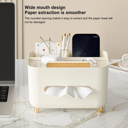 Multifunctional Tissue Box & Desktop Organizer – Modern Living Room Tissue Holder with Compartments