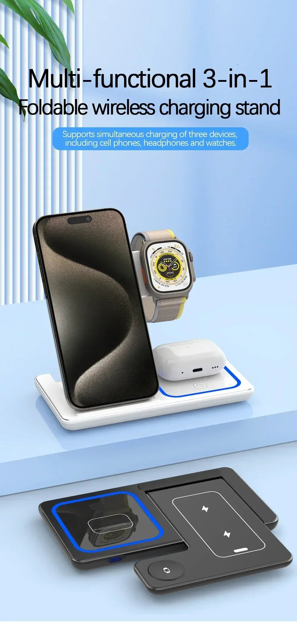 3-in-1 Magnetic Wireless Charging Stand for iPhone 15/14/13/12 Pro Max, Apple Watch 8/7, AirPods Pro - Fast Charging Station