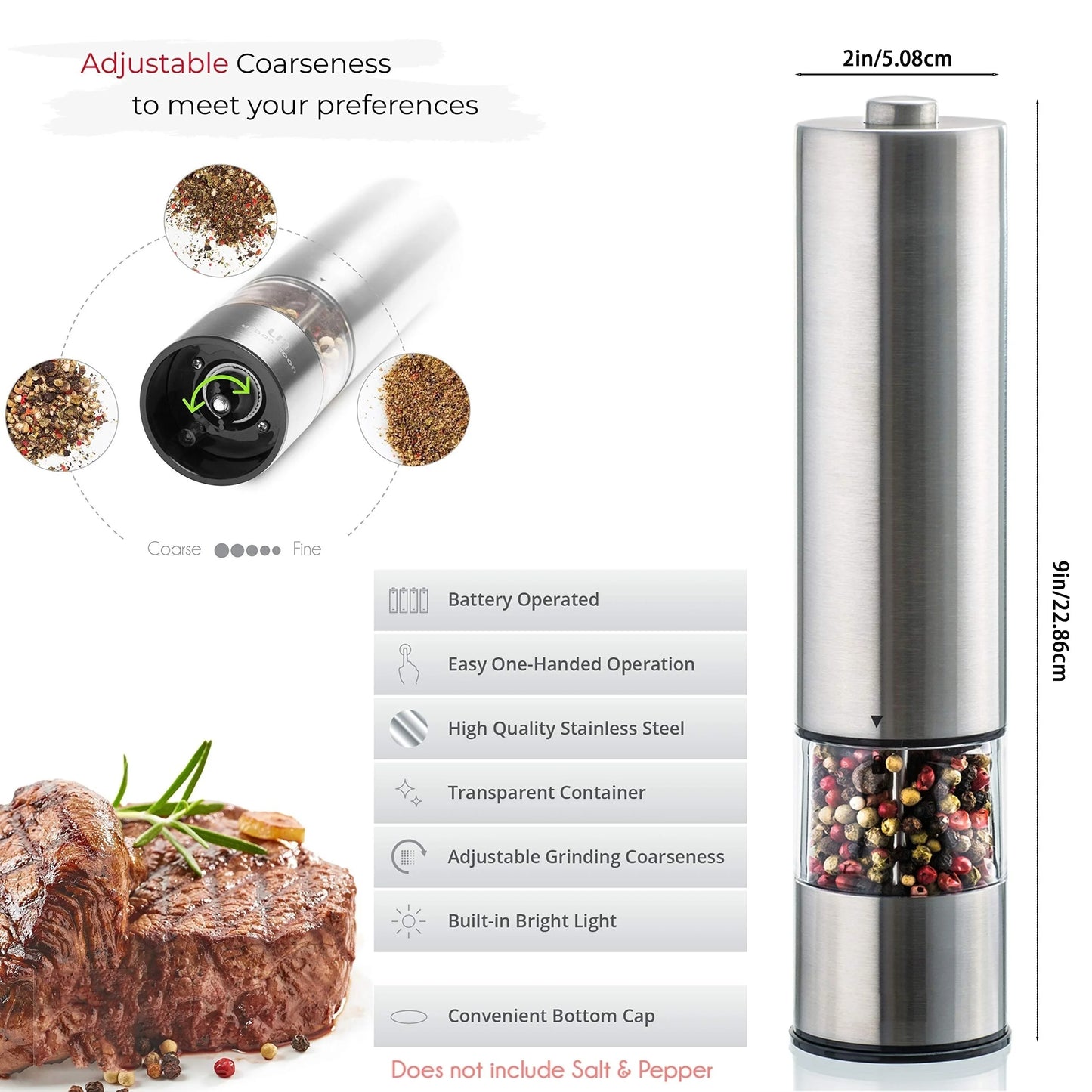 Electric Salt and Pepper Grinder Set - One-Handed Stainless Steel Spice Mill with Built-in Light