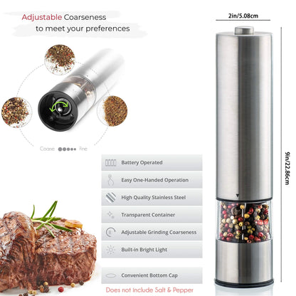 Electric Salt and Pepper Grinder Set - One-Handed Stainless Steel Spice Mill with Built-in Light