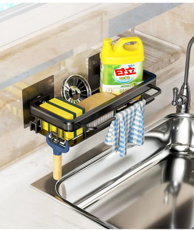 Wall-Mounted Kitchen Sink Drainer Rack | No-Drill Aluminum Sponge Storage & Soap Organizer