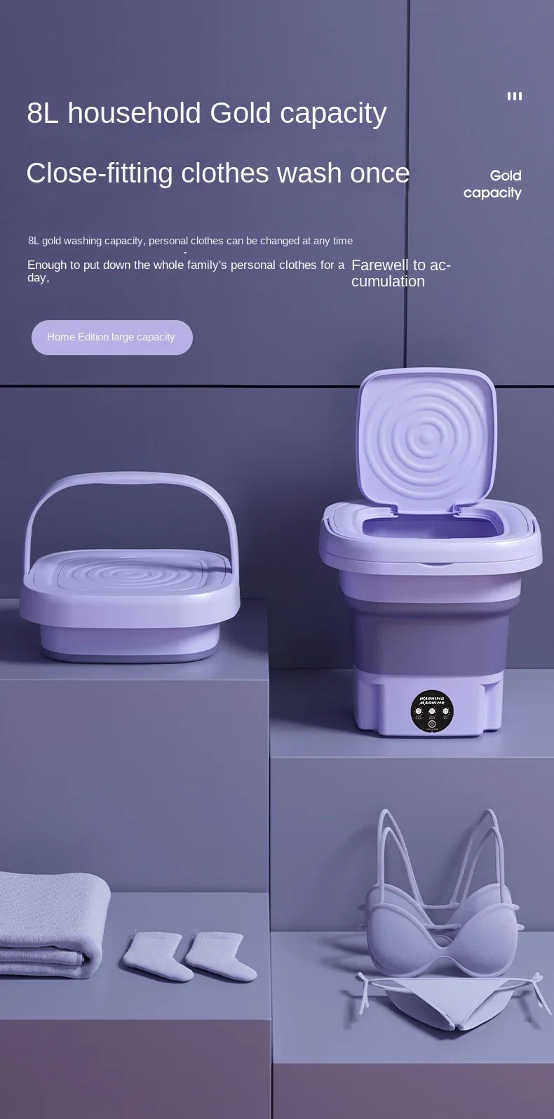 8L Mini Folding Washing Machine – Portable Laundry Washer with Automatic Modes & Drain Basket | Compact & Travel-Friendly