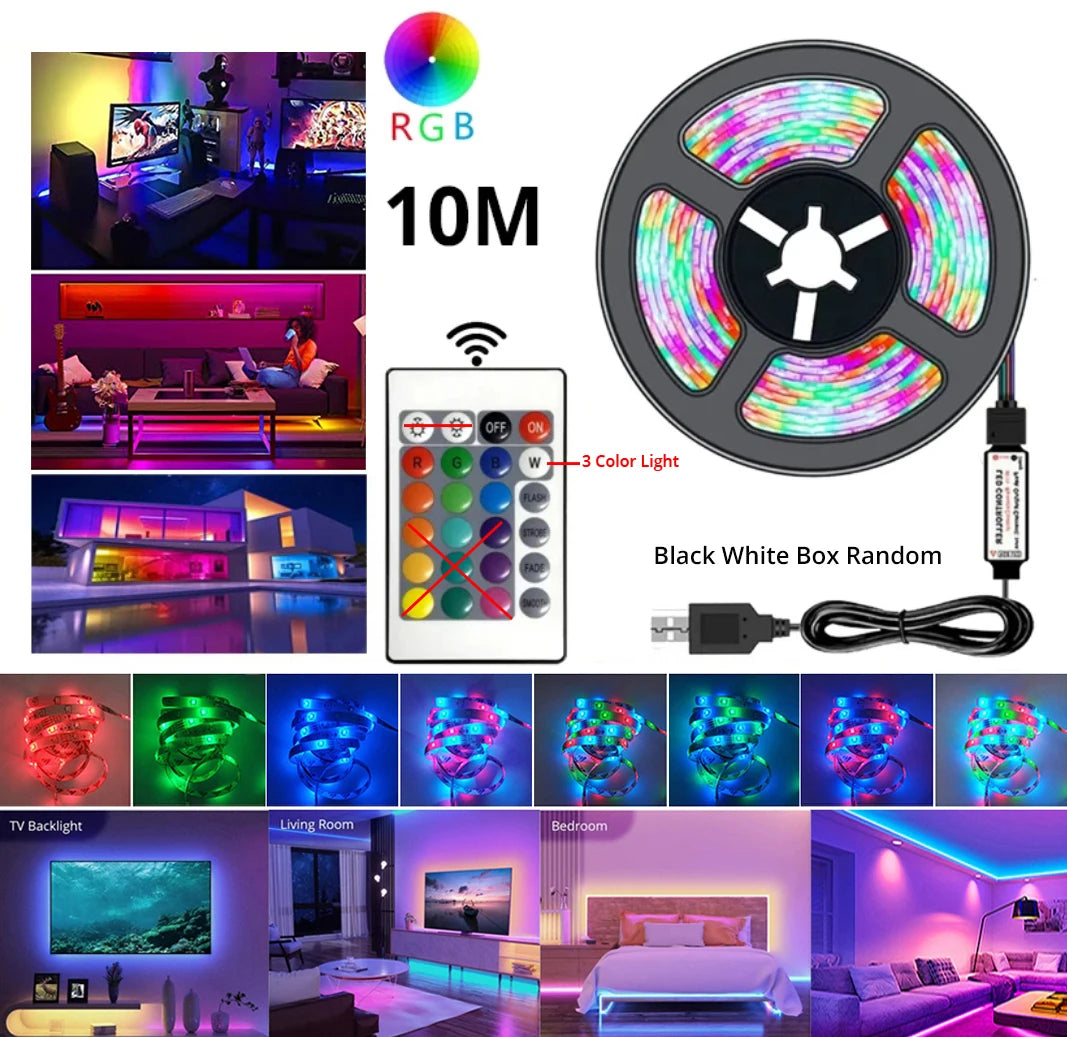 10M RGB LED Strip Light with Remote Control - Flexible USB-Powered Backlight for TV, Desktop, and Home Décor