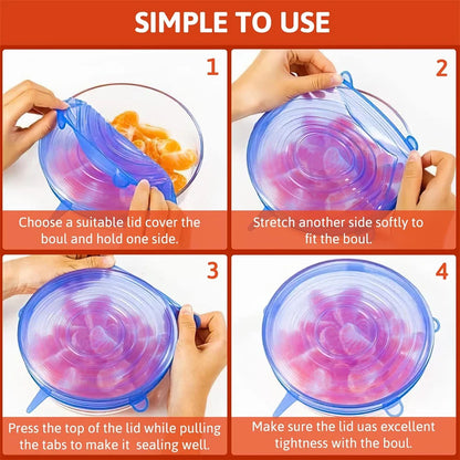 6Pcs Food Grade Silicone Preservation Cover Reusable Airtight Food Universal Dish Stretch Round Lids For Kitchen Accessories